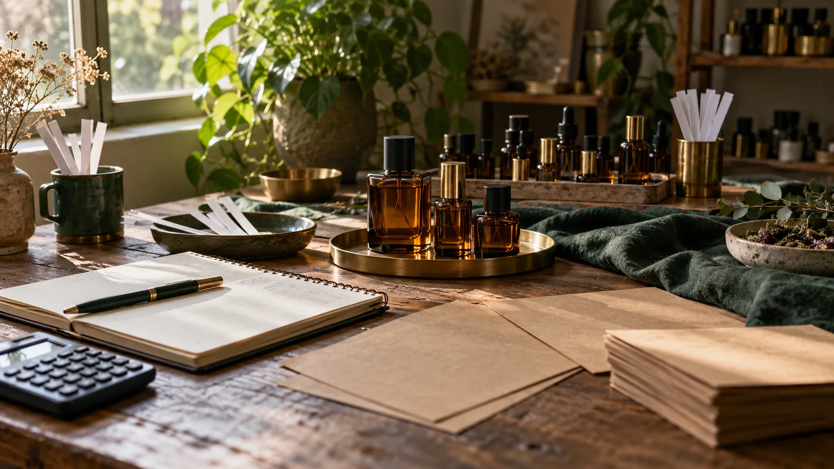 Generic perfume bottles, notebook and calculator on a small-business worktable