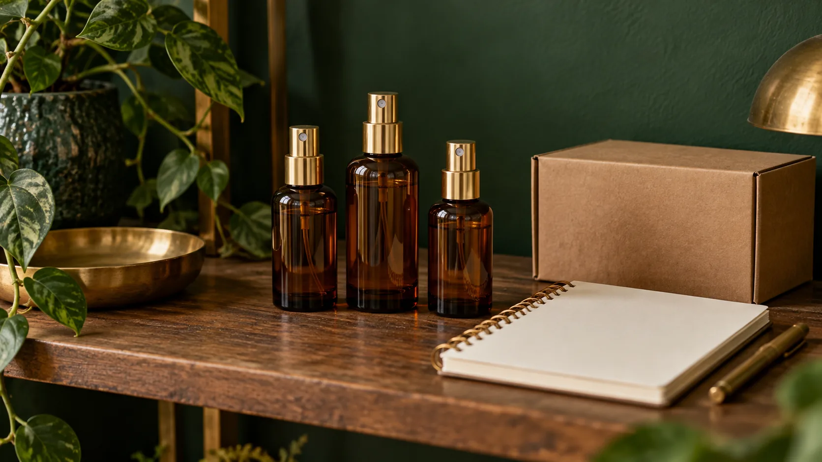 Three amber atomizers beside a stock notebook and a kraft parcel