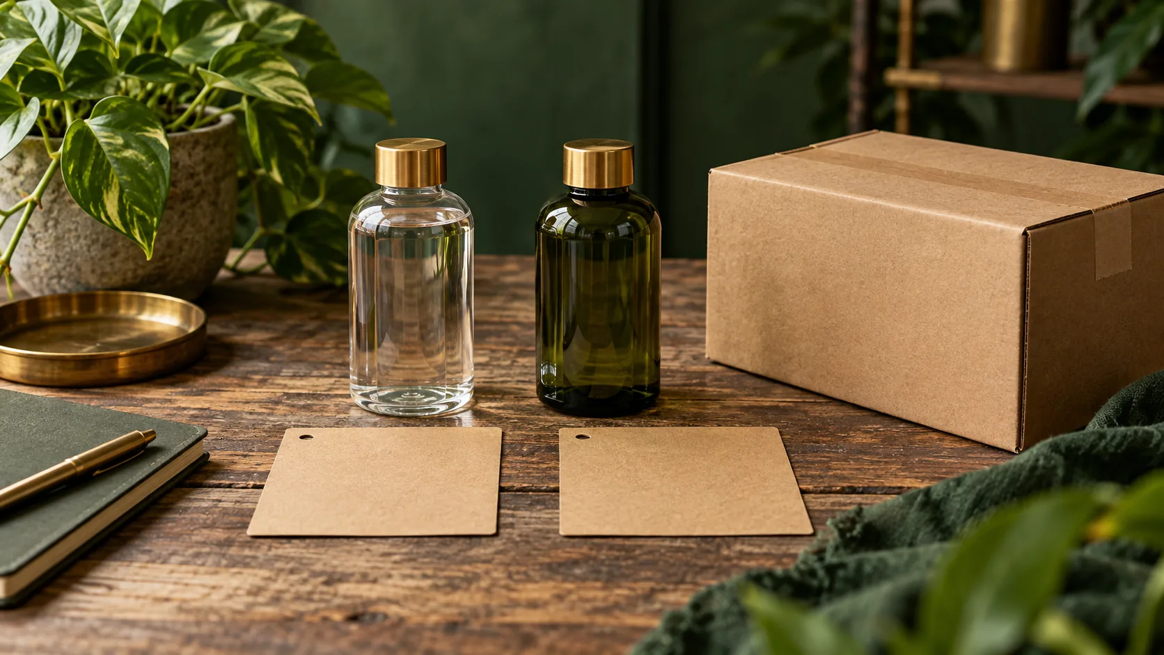 Two generic fragrance samples beside separate blank quote cards
