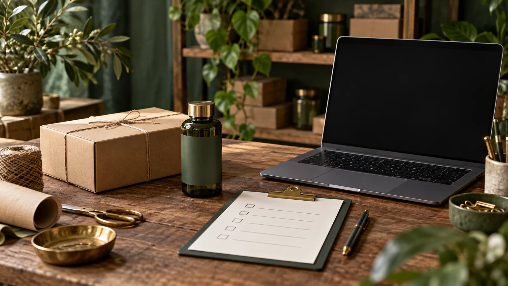 Generic fragrance bottle and packed parcel beside a blank launch checklist