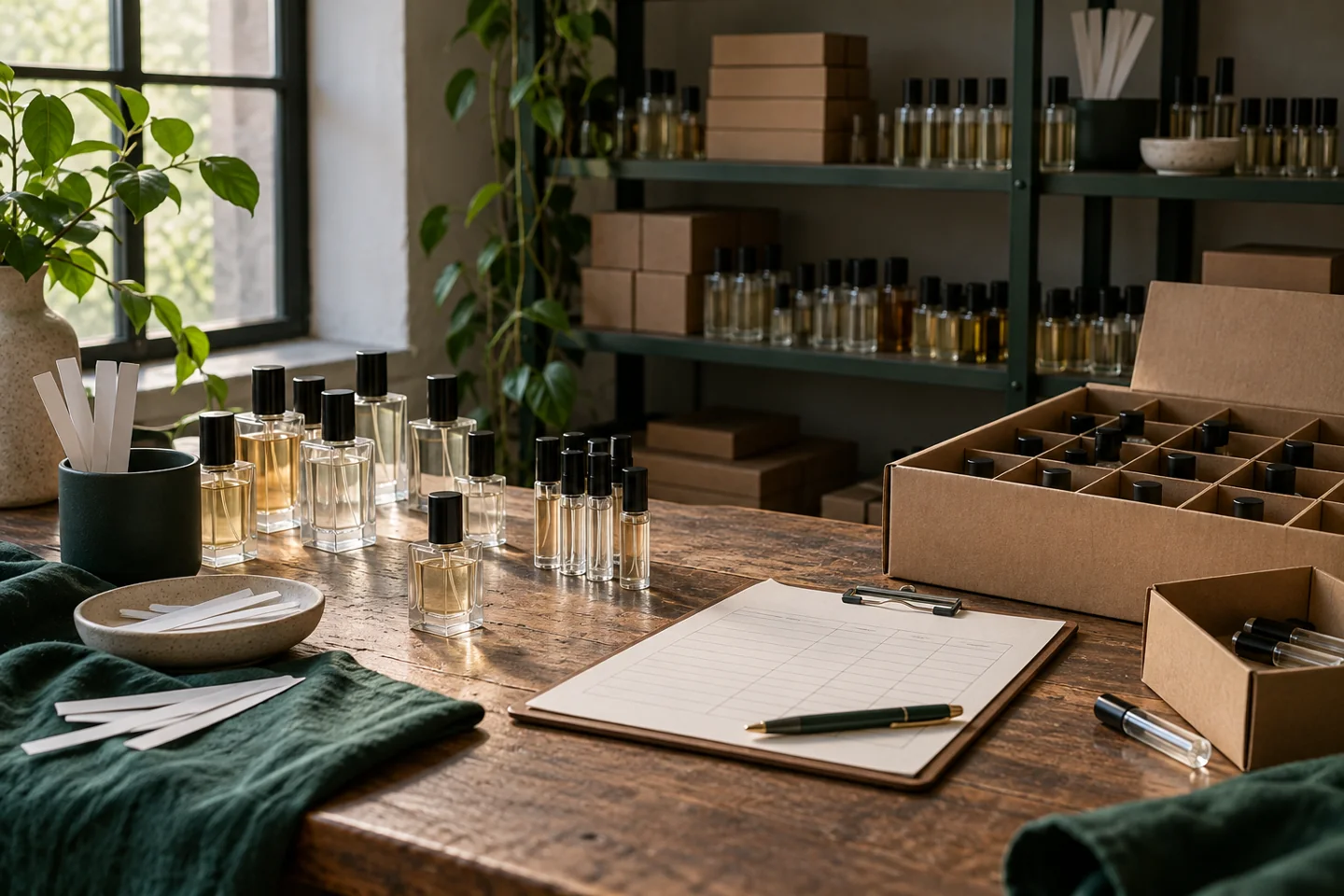 Generic fragrance stock beside an unmarked reorder worksheet