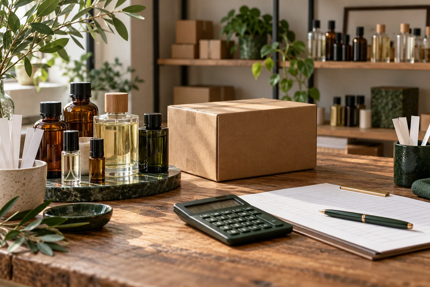 Fragrance stock, shipping carton and calculator on a shop desk