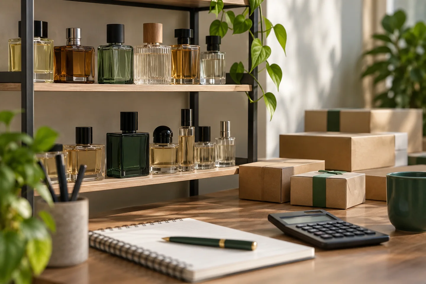 Small fragrance stock shelf with calculator, blank notebook and sample parcels