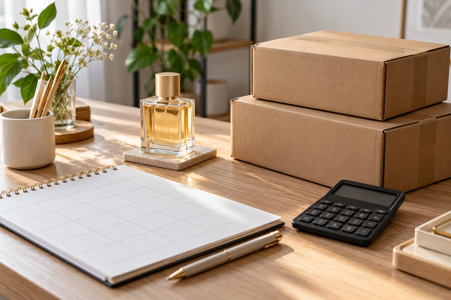 Blank payment planner, calculator and sealed plain cartons on a small perfume business desk