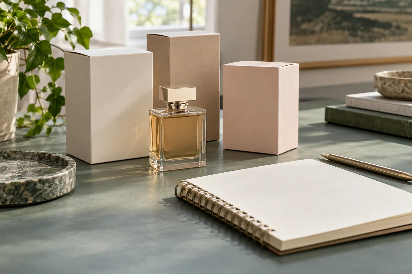 Plain perfume cartons, bottle and stock-count notebook