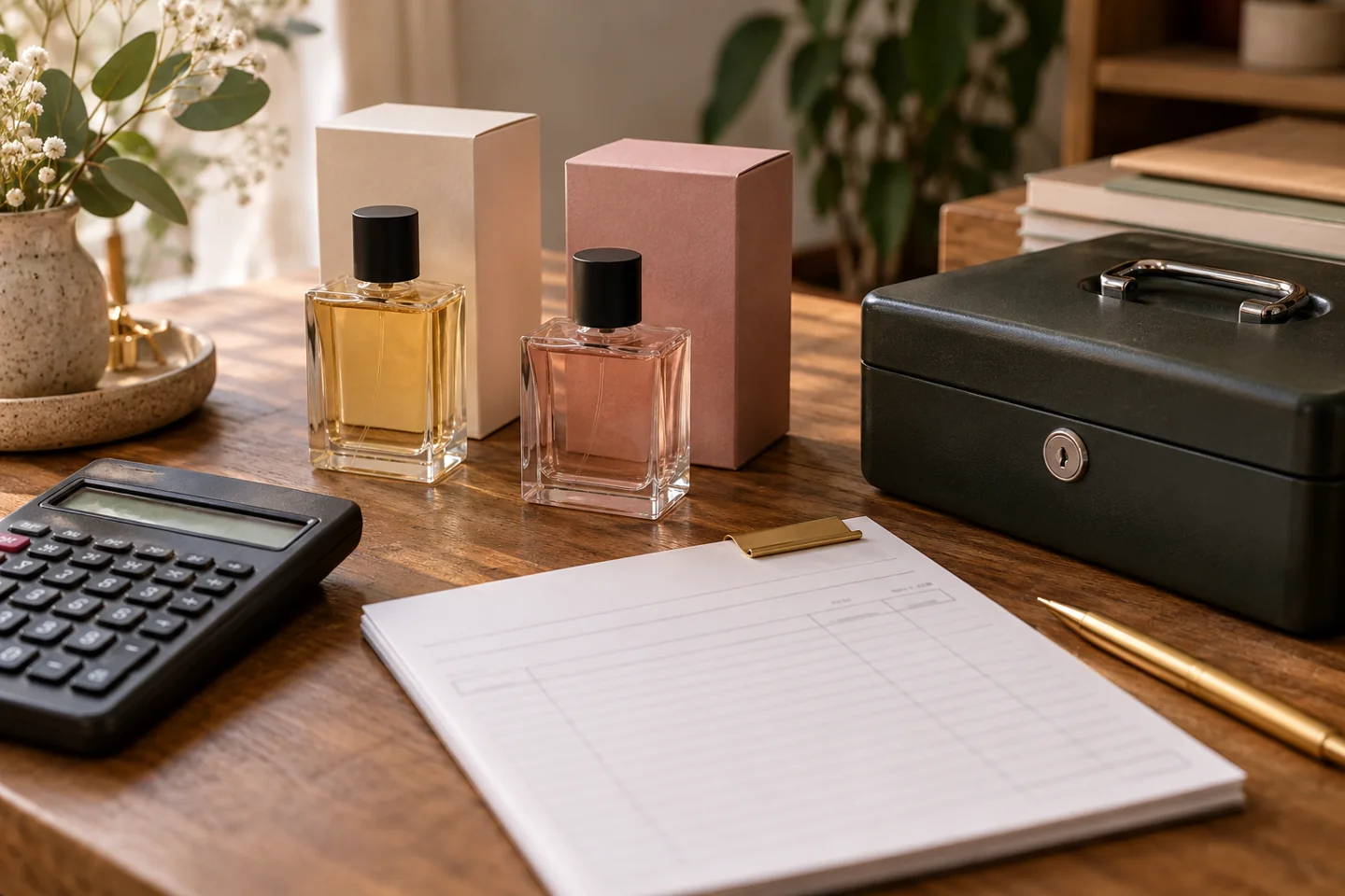 Calculator and blank credit document beside perfume cartons and a closed cash box